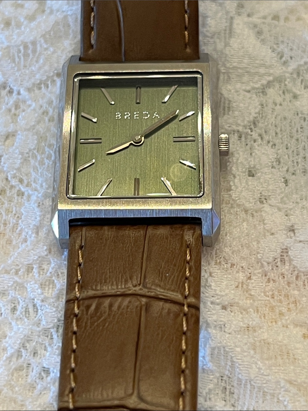BREDA Virgil Tank Green Dial Square Watch with Brown Leather Strap